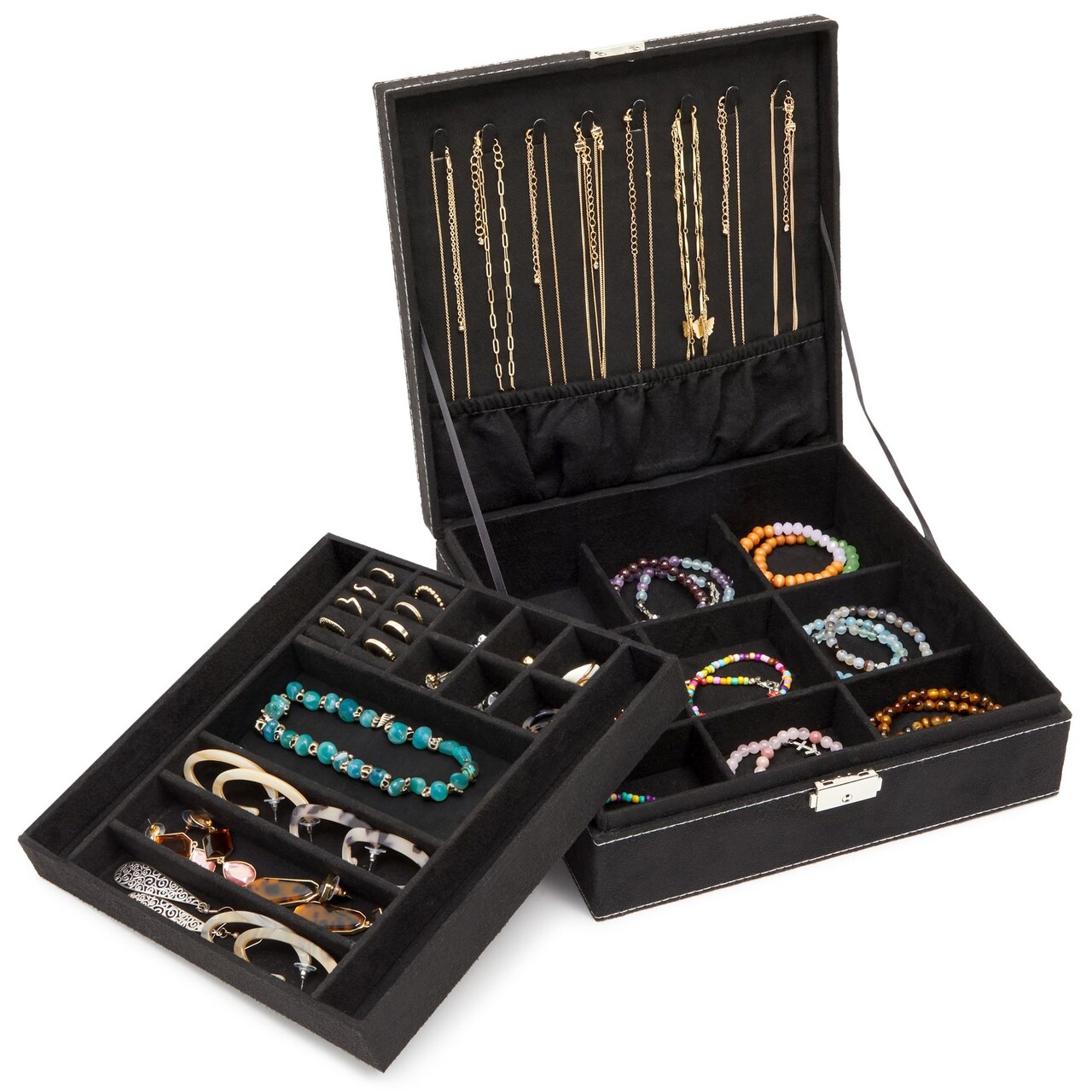 Velvet Jewelry Box Organizer - Lockable 2 Layer Travel Case, Earrings Storage with Removable Tray for Women, Men (Black)